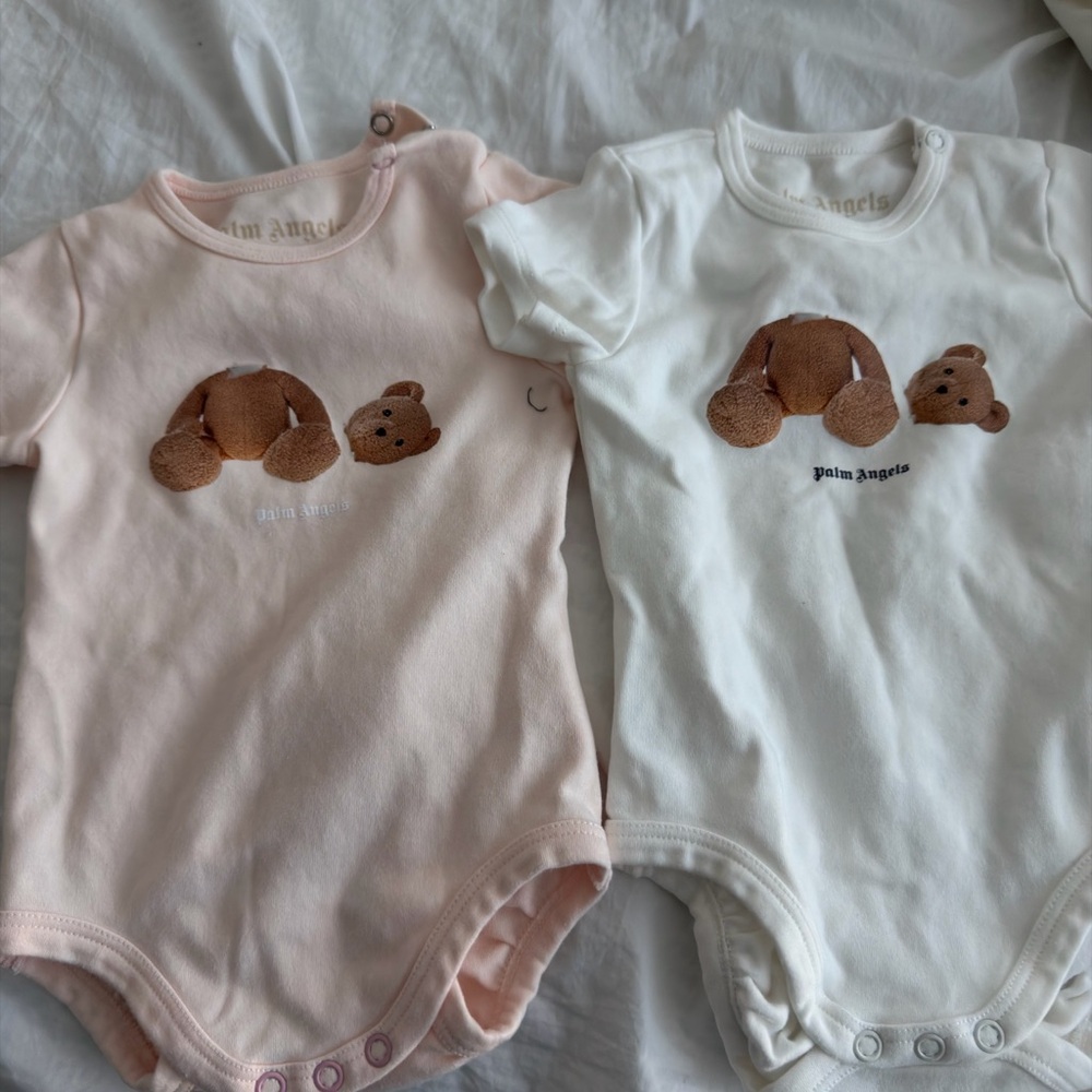 Palm Angels Pink and White Teddy Bear Bodysuits